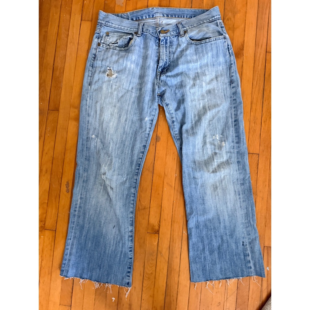 Mens Light Wash Distressed Straight Leg Jeans Raw Hem Frayed Denim Pants Blue
